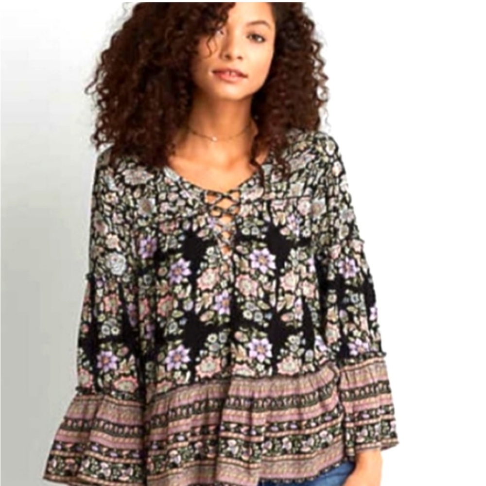 AMERICAN EAGLE OUTFITTERS AEO CUTOUT Floral Tunic Bell Sleeve Tiered Ruffled… - Picture 16 of 16